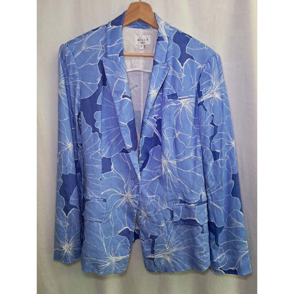 Milly Avery Waterlily Blazer Linen Blend Single Breasted Floral Blue Size 10